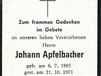 Apfelbacher Johann 06.07.1885 - 21.10.1971 SB