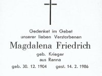 Friedrich Magdalena geb Krieger 30.12.1904-14.02.1986