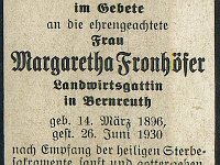 Frohh�fer Margaretha 14.03.1896-26.06.1930