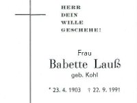 Lau� Babette geb. Kohl 23.04.1903 - 22.09.1991 SB