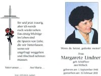 Lindner Margarete geb. Schaeffner 01.09.1948 - 13.02.2001 SB