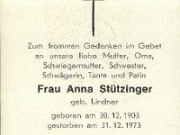 St�tzinger Anna geb Lindner 30.12.1903-31.12.1973