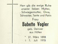 Vogler Babette-geb Deinzer 27.03.1898-07.07.1970