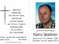 Wallner Hans 31.10.1941 - 26.08.2013